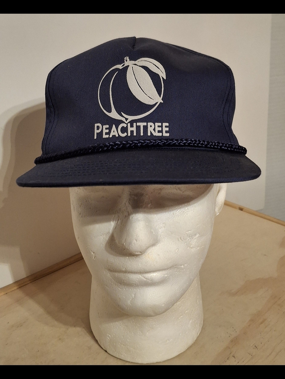Vintage 80s/90s "PEACHTREE" Navy Blue Snapback Trucker Hat, White Peach, Rope